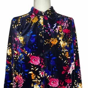 Jessica London High Low Velvet Black Floral Blouse Collared Button Up Size 12